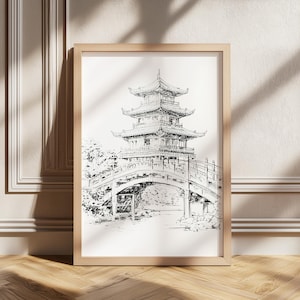 Asiatischer Tempel Druck, Traditioneller Tempel Poster, Digitaldrucke, Alte asiatische Kunstwerke, Drucke im chinesischen Stil, Serene Landschaft Poster