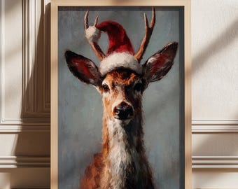 Kerstrendierprint, kerstdierkunst aan de muur, feestelijke rendierposter, gezellige winterkunstwerk, rustiek cabinedecor, dierenschilderij