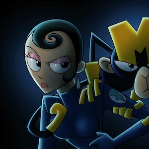 May include: A woman with dark hair and a blue suit stands with a yellow and black masked monkey. The monkey is wearing a blue suit with a yellow M on the chest.