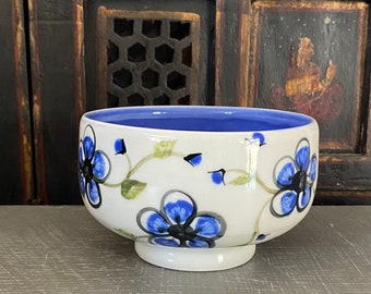 Blue Plumflower Bowl - Hand Painted Porcelain - Ceramic Bowl - Blue Flowers - Unique - One of a Kind - Handmade porcelain - Blue and White