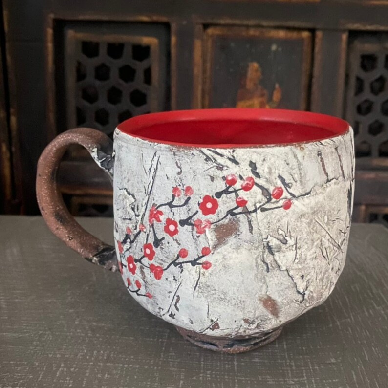 Cherry Blossom Mug Hand Painted Cherry Blossoms Ceramic Handmade Mug Coffee Cup One of a Kind image 4