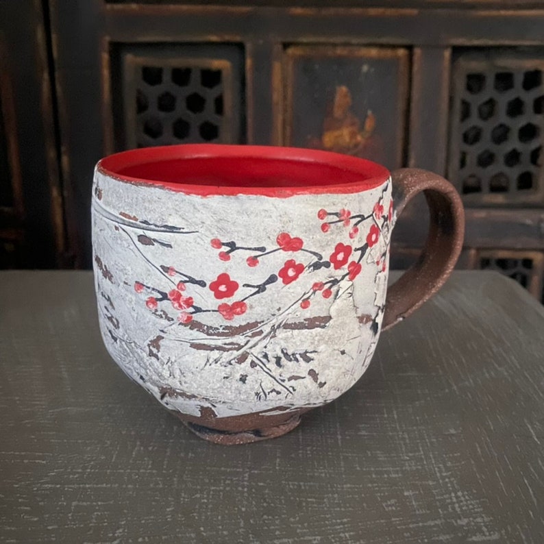 Cherry Blossom Mug Hand Painted Cherry Blossoms Ceramic Handmade Mug Coffee Cup One of a Kind image 1