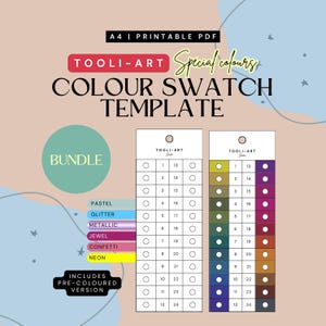 Puede incluir: Una plantilla de paleta de colores PDF imprimible A4 de Tooli-Art. El diseño presenta dos gráficos de muestras de color con círculos numerados, una paleta de colores pastel y el texto "Special colours" y "Bundle". Incluye una versión pre-coloreada.