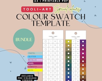 May include: A printable PDF color swatch template by Tooli-Art. The design features two color swatch charts with numbered circles, a pastel color palette, and the text "Special Colors" and "Bundle". Includes a pre-colored version.
