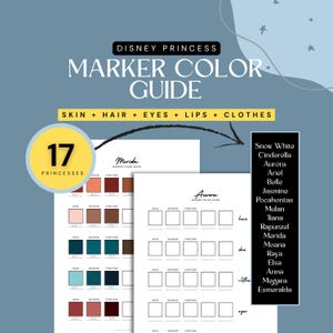 Może przedstawiać: Przewodnik po kolorach markerów Disney Princess z próbkami kolorów dla skóry, włosów, oczu, ust i ubrań. Przewodnik zawiera 17 księżniczek, z takimi imionami jak Królewna Śnieżka i Kopciuszek. Niebieskie tło.