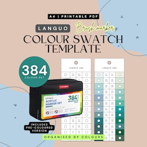 Peut inclure: Un modèle de nuancier pour marqueurs pinceaux Languo au format PDF imprimable A4. L'ensemble comprend une trousse noire pour un set de 384 marqueurs acryliques et deux fiches blanches verticales avec des cercles de couleurs codés.