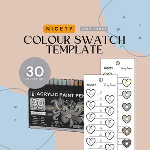 Schönes 30-teiliges Set Grautöne Swatch Template | Sofortdownload | PDF und PNG | Malmuster Vorlage