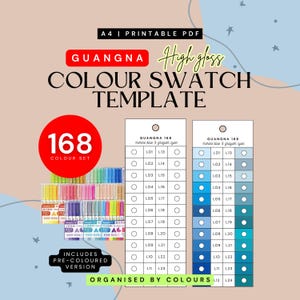 May include: A color swatch template with the text "GUANGNA COLOUR SWATCH TEMPLATE" and "168 COLOUR SET". Includes a pre-colored version. The template features color swatches and a set of colorful markers.