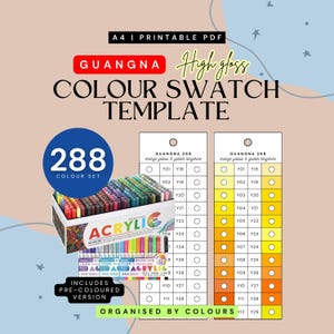 以下が含まれることがあります： 288色セット用の印刷可能なA4 PDFカラー見本テンプレート。アクリルマーカーの箱、見本用の空白のグリッド、およびGuangna 288とラベル付けされたオレンジと黄色のトーンの事前着色されたグリッドが表示されています。