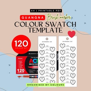 May include: A color swatch template for brush markers, featuring a 120-color set. The design includes heart-shaped color swatches, a red heart, and the text "GUANGNA Brush marker COLOUR SWATCH TEMPLATE".