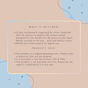 May include: A digital download information sheet with a beige background and blue accents. The text lists contents including three pre-numbered color swatches for Shuttle Art 60-piece acrylic paint markers, A4 size files, and a bonus digital swatch.