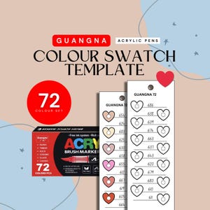 Puede incluir: Una plantilla de muestra de color para bolígrafos acrílicos. La imagen muestra un círculo rojo con el número 72, una caja de rotuladores de pincel acrílico y tarjetas de muestra de color con muestras en forma de corazón. El texto dice "Colour Swatch Template".