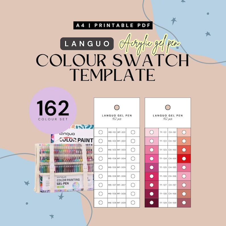 May include: A colour swatch template for Languo acrylic gel pens. The image shows a set of 162 colours, with colour swatches and a gel pen set. The text on the image reads "A4 Printable PDF" and "Colour Swatch Template."