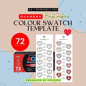 Peut inclure: Une maquette d'échantillons de couleurs pour marqueurs pinceaux, avec le texte "GUANGNA Brush marker COLOUR SWATCH TEMPLATE." Comprend un cercle rouge avec "72 COLOUR SET" et une boîte de marqueurs. La maquette affiche des cœurs d'échantillons de couleurs.