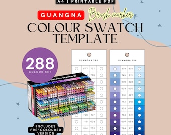 May include: A printable A4 PDF colour swatch template for Guangna 288 brush markers. The graphic features a large set of markers and two vertical columns with numbered circular spaces for testing ink colours, organised by colour groups.