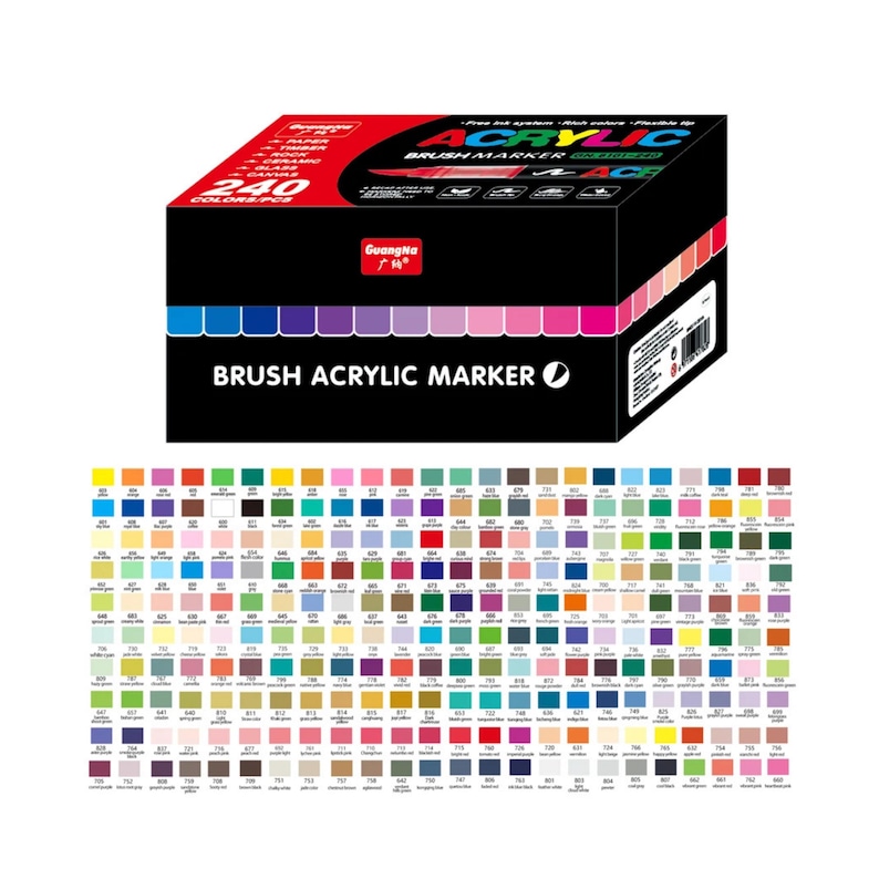 May include: A black rectangular box containing 240 acrylic brush markers, featuring the brand name GuangNa and the text Brush Acrylic Marker. Below the box is a color chart displaying 240 individual color swatches with corresponding numbers.