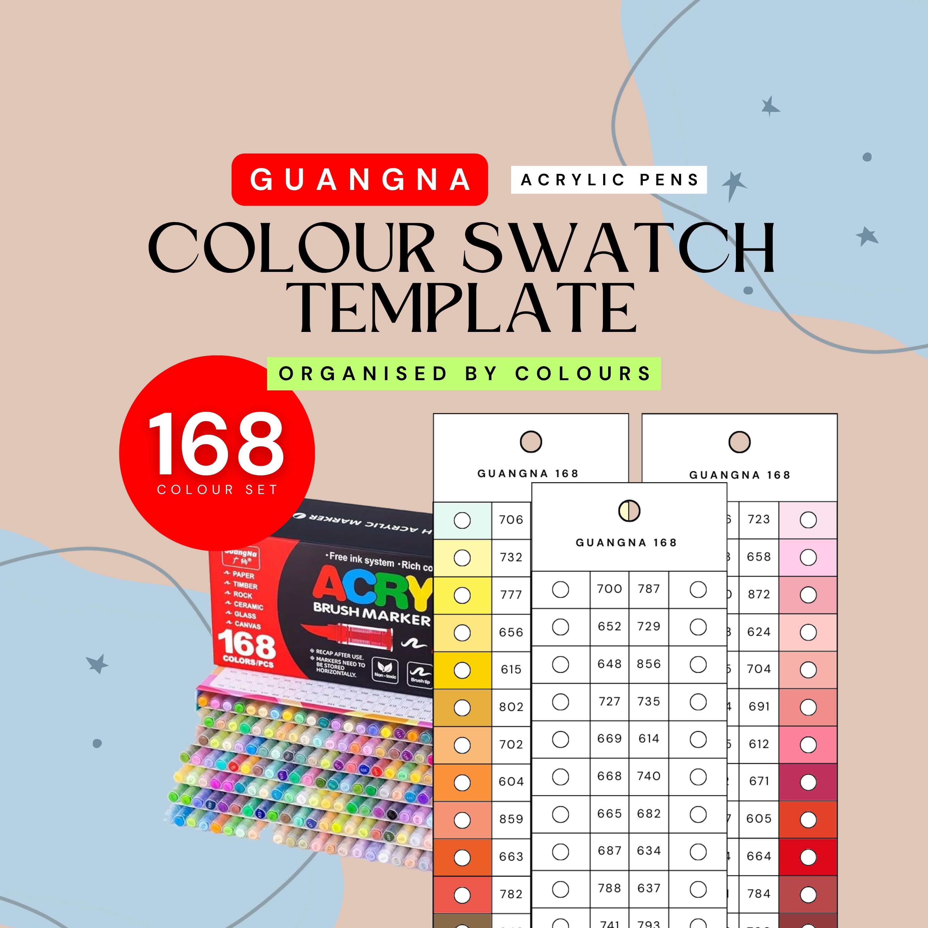 GuangNa 168-teilige Acrylfarbenmarker Farborganisierte Swatch-Vorlage | Druckbare Farbkarte | Sofortdownload | Digitales PDF