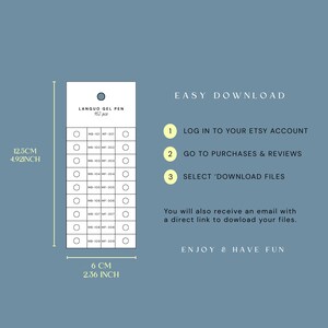 May include: A teal graphic with instructions for downloading files from Etsy. The image includes a product tag with the text "LANGUO GEL PEN 162 pcs" and dimensions of 12.5cm by 6cm. The instructions are numbered 1-3.