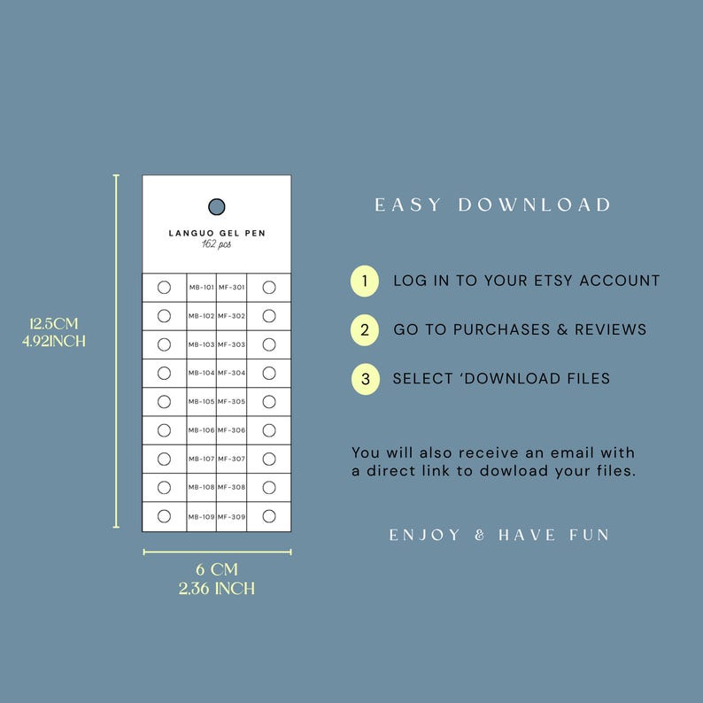 May include: A teal graphic with instructions for downloading files from Etsy. The image includes a product tag with the text "LANGUO GEL PEN 162 pcs" and dimensions of 12.5cm by 6cm. The instructions are numbered 1-3.