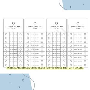 May include: A white swatch template with pre-numbered circles for colour swatches. The template includes the text "LANGUO GEL PEN 162 pcs" and "9X PRE-NUMBERED SWATCH TEMPLATES FOR YOU TO FILL THEM WITH COLOURS".