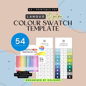 Puede incluir: Plantilla de muestra de color PDF imprimible A4 para bolígrafos de gel Languo 3D. El diseño incluye un juego de 54 colores, con una versión precolorida. La plantilla está organizada por colores e incluye una variedad de tonos.