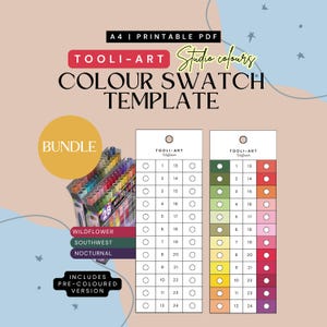 May include: A printable PDF color swatch template by Tooli-Art. The design features a bundle of 28 markers, color swatches, and the text "Studio colours". The template includes pre-colored versions and is available in A4 size.