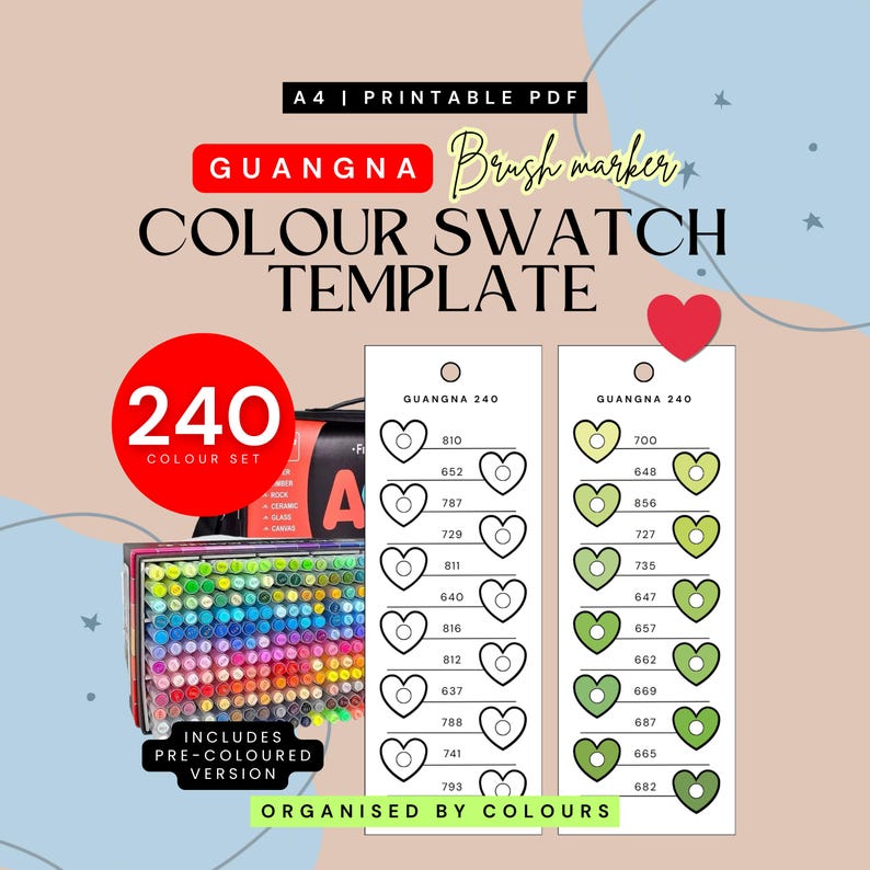 May include: A printable A4 PDF colour swatch template for Guangna 240 brush markers. The graphic features a large set of markers and two vertical columns of heart-shaped outlines with numerical labels, including a pre-coloured version.
