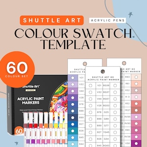 Plantilla de muestra de 60 marcadores de pintura acrílica Shuttle Art, organizada por colores, tabla de colores imprimible, descarga instantánea, PDF digital