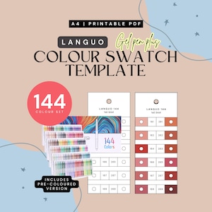 May include: A printable A4 PDF colour swatch template for a 144-piece gel pen set. The design features the text LANGUO COLOUR SWATCH TEMPLATE, 144 COLOUR SET, and INCLUDES PRE-COLOURED VERSION. It displays rows of numbered boxes for testing ink colours.