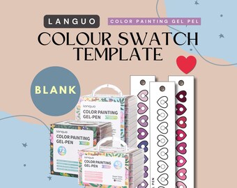 May include: Color swatch template with gel pens. The image shows three boxes of gel pens with the text "COLOR PAINTING GEL-PEN" and "45" and "72". There are also three color swatch cards with heart shapes. The text "COLOUR SWATCH TEMPLATE" is at the top.