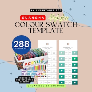 Könnte beinhalten: Eine druckbare A4-PDF-Farbmustervorlage von GUANGNA mit einem 288-Farben-Set. Die Vorlage enthält eine Schachtel mit Acrylmarkern und zwei vertikale Diagramme mit nummerierten kreisförmigen Feldern zum Testen der Farben, sortiert nach Farbgruppen.