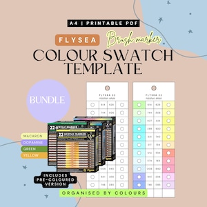 Puede incluir: Una plantilla de paleta de colores PDF imprimible para rotuladores de pincel. El diseño presenta el texto "FLYSEA Brush marker COLOUR SWATCH TEMPLATE" e incluye un paquete de 22 rotuladores acrílicos. La paleta de colores está organizada por colores.