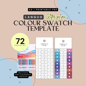 May include: A printable A4 color swatch template for glitter gel pens. The design includes a 72-color set with pre-colored swatches. The template features the brand name "LANGUO" and the text "Glitter gel pen" in a decorative font.
