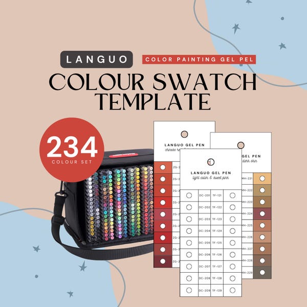 Languo Gel Pen Swatch Template: 234 Colors, Printable Color Chart (Digital PDF & PNG)