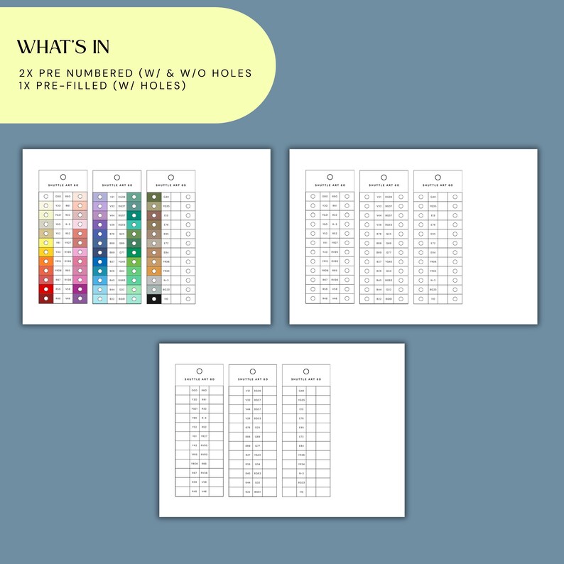 May include: Three white rectangular color swatch charts with black text and borders. The text reads WHAT'S IN 2X PRE NUMBERED (W/ & W/O HOLES) 1X PRE-FILLED (W/ HOLES) and SHUTTLE ART 60. The charts feature grids with numbered boxes and circular holes.