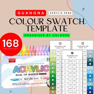 GuangNa 168-teilige Dual Tip Acrylmarker Farborganisierte Swatch-Vorlage | Druckbare Farbkarte | Sofortdownload | Digitales PDF