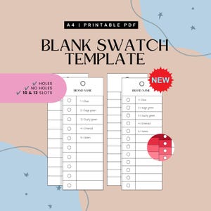 May include: A printable A4 PDF blank swatch template featuring two vertical rectangular cards with rows for brand names and color slots. The design includes options for holes or no holes, with 10 or 12 slots, and a circular red graphic showing red shades.