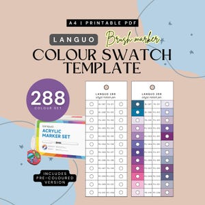 Könnte beinhalten: Eine Farbmuster-Vorlage für Languo Acryl-Pinselmarker. Das Design umfasst einen lila Kreis mit der Nummer 288, ein Marker-Set und Farbmuster. Der Text lautet "Colour Swatch Template".