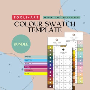 Pode incluir: Um modelo de amostra de cores com o texto "TOOLI-ART" e "COLOUR SWATCH TEMPLATE". O modelo inclui amostras de cores em cores pastel, glitter, metálico, joia, confete e néon. A imagem também inclui a palavra "BUNDLE".