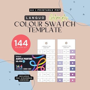 May include: A printable A4 PDF colour swatch template for a 144 colour set of Languo acrylic painting gel pens. The graphic includes a black product box with a rainbow swirl design, two white swatch charts with numbered rows, and purple tone samples.