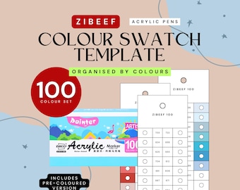 Plantilla de muestras de color de 100 marcadores acrílicos Zibeef / Organizada por color (PDF digital)