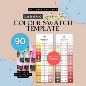 Puede incluir: Plantilla de muestra de color PDF imprimible A4 para Languo Gel Pen Plus, con un conjunto de 90 colores. El diseño incluye una tabla de colores con muestras numeradas y una versión pre-coloreada.