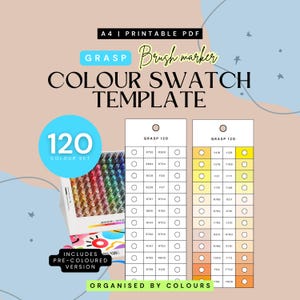 Peut inclure: Gabarit de nuancier de couleurs PDF imprimable A4 pour marqueurs pinceaux. Le design comprend un ensemble de 120 couleurs avec des versions pré-colorées. Le modèle est organisé par couleurs et présente la marque "GRASP".