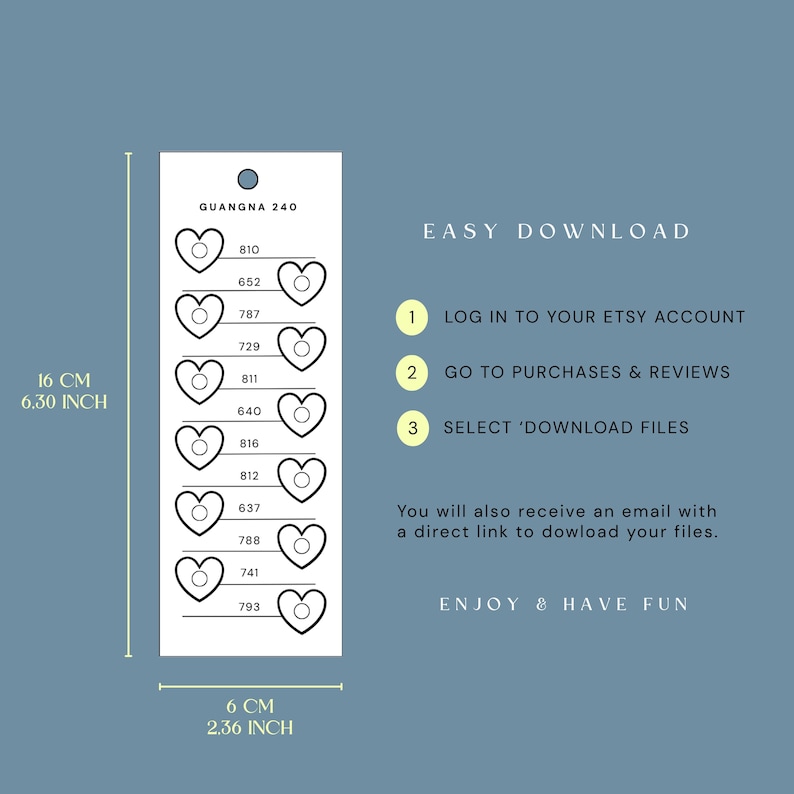 May include: A white rectangular tag measuring 16 cm or 6.30 inches by 6 cm or 2.36 inches, featuring the text GUANGNA 240 and a series of heart icons with numbers 810, 652, 787, 729, 811, 640, 816, 812, 637, 788, 741, and 793 with circles.