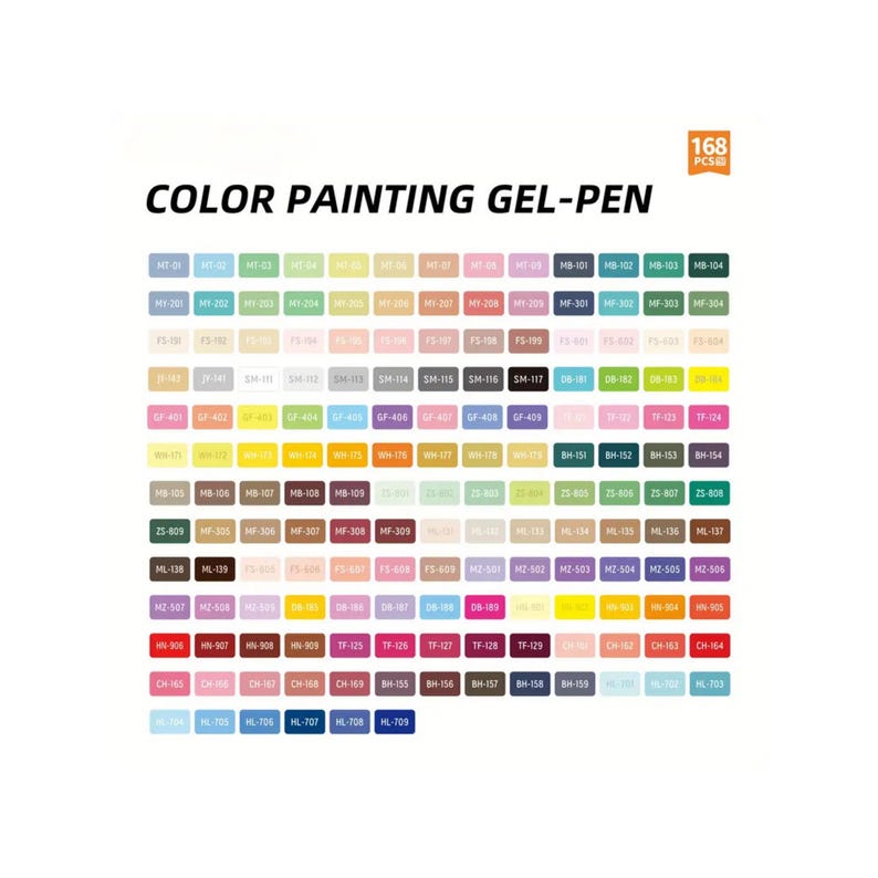 May include: A set of 168 colour painting gel pens, each labelled with a unique code. The pens are arranged in a grid, displaying a wide range of colours, from pastels to vibrant hues. The text "COLOR PAINTING GEL-PEN" is displayed at the top.