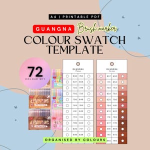 Pode incluir: Um modelo de amostra de cores PDF imprimível A4 com o texto "GUANGNA Brush marker COLOUR SWATCH TEMPLATE". O modelo inclui um conjunto de 72 cores, organizado por cores, com amostras e números.