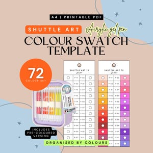 May include: A4 printable PDF colour swatch template for Shuttle Art 72 acrylic gel pens. The document includes two vertical charts with circular spaces for testing ink, labeled with codes like P-17 and V-02, alongside a 72-color set case.