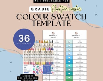 Grabie Dual Tone Brush Tip Acrylic Pen - 36 piece Swatch Template | Instant Download (PDF & PNG) | Printable Colour Chart | Instant Download