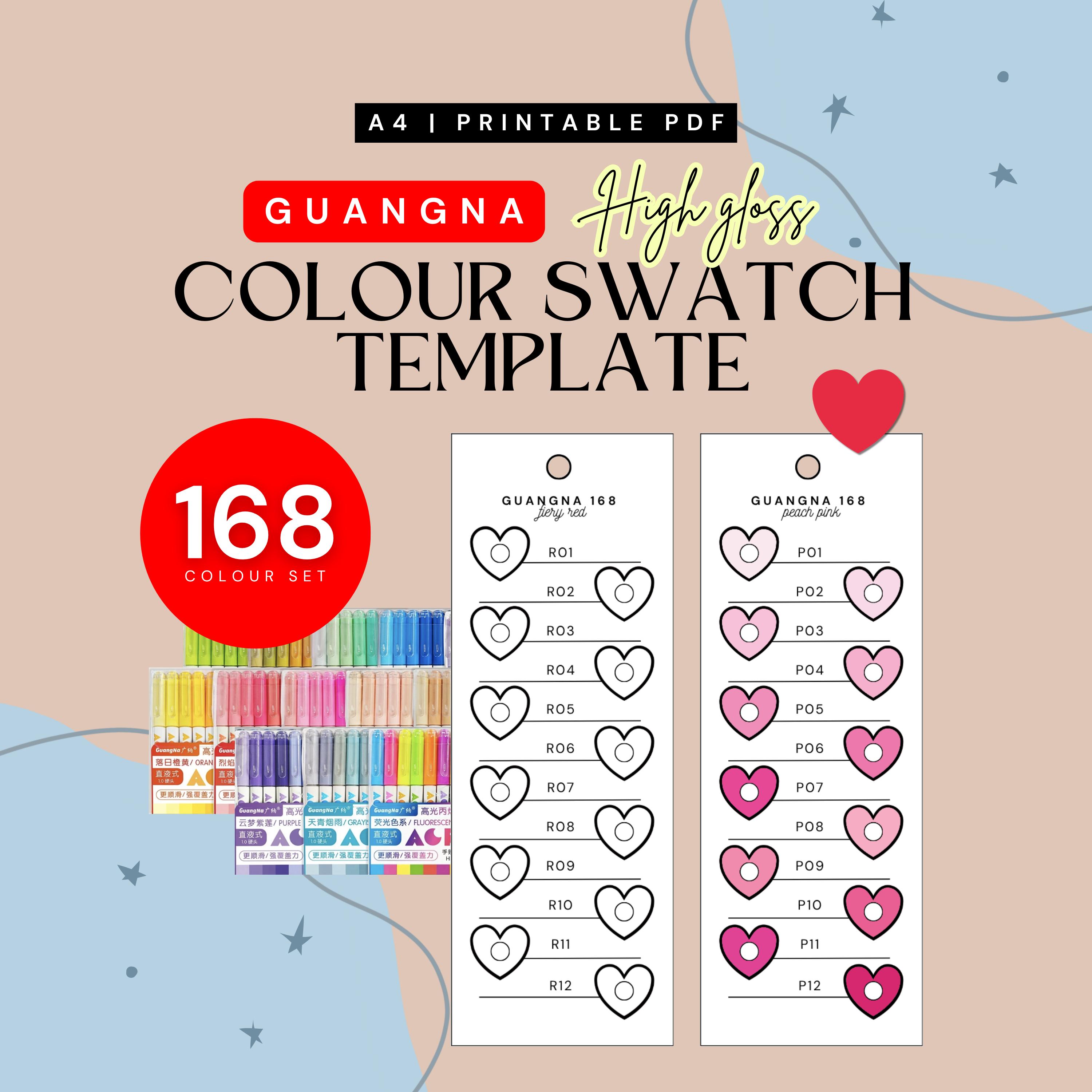 Guangna Acrylic Marker Swatch Template: 168 Color Chart, Hearts