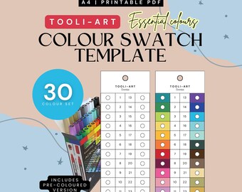 May include: A color swatch template with the text "TOOLI-ART Essential colours" and "COLOUR SWATCH TEMPLATE". The image includes a set of 30 acrylic markers and a color chart with numbered circles for color matching. The text "INCLUDES PRE-COLOURED VERSION" is also visible.